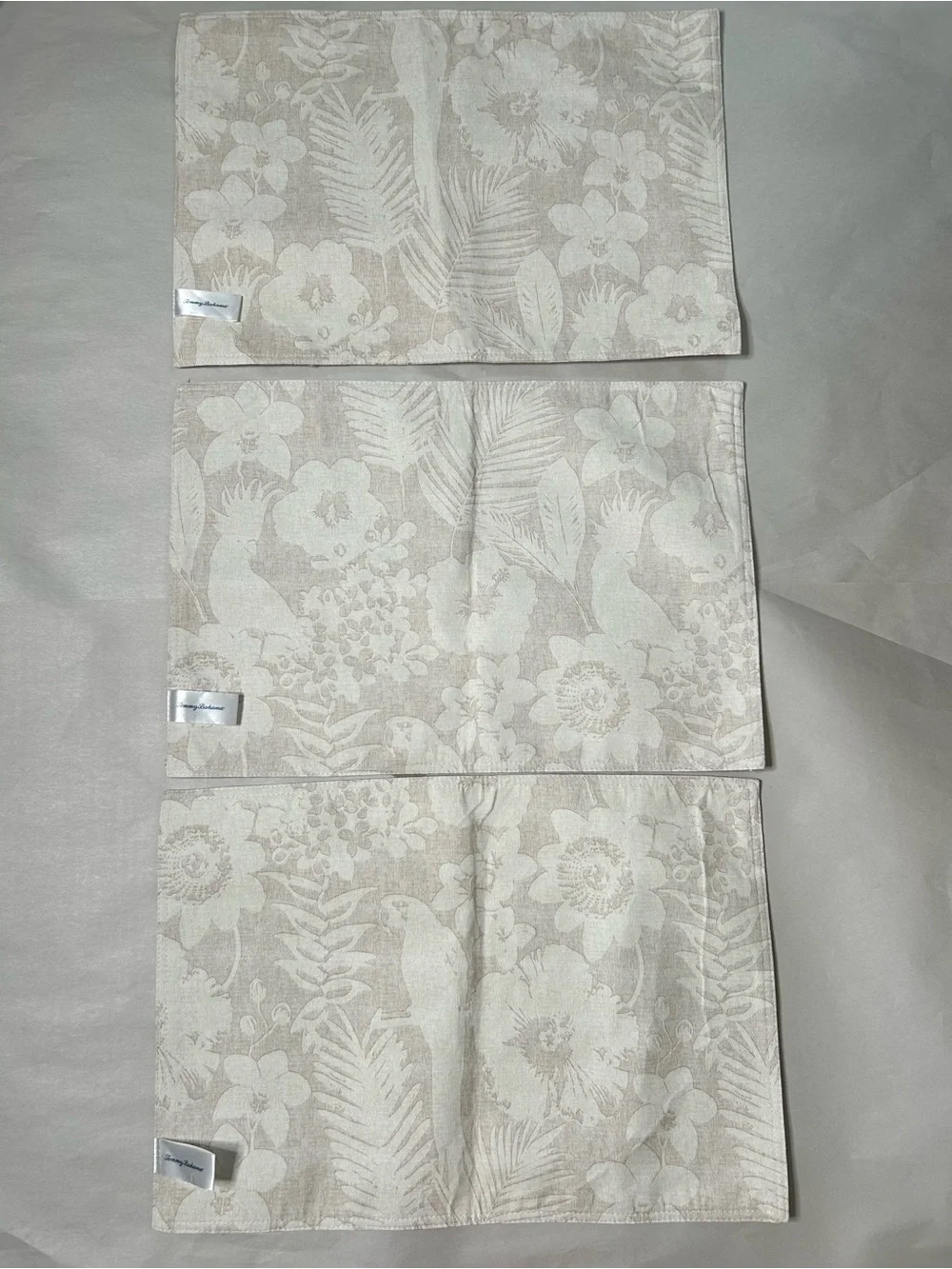 Tommy Bahama Neutral Floral & Parrot Placemats Set of 3 Tropical Summer Beachy